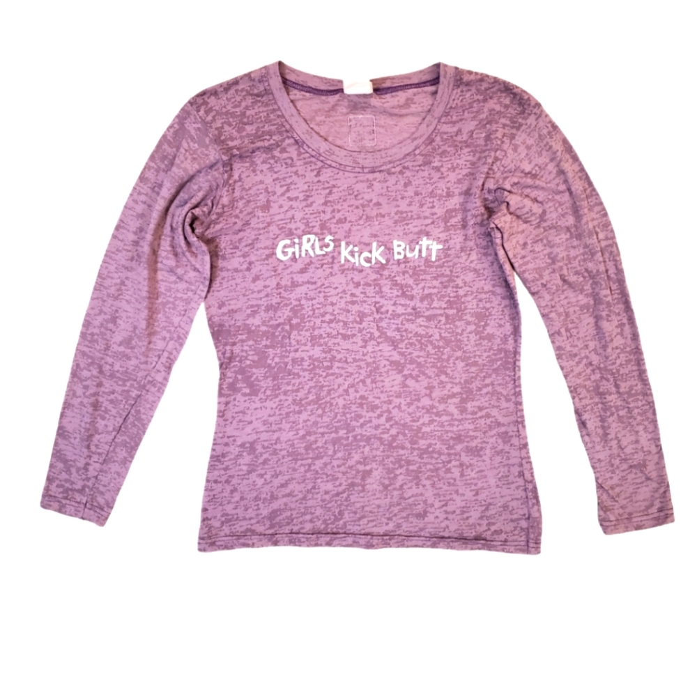 One More Mile Women's Purple Girls Kick Butt Long Sleeve T-Shirt‎ Medium